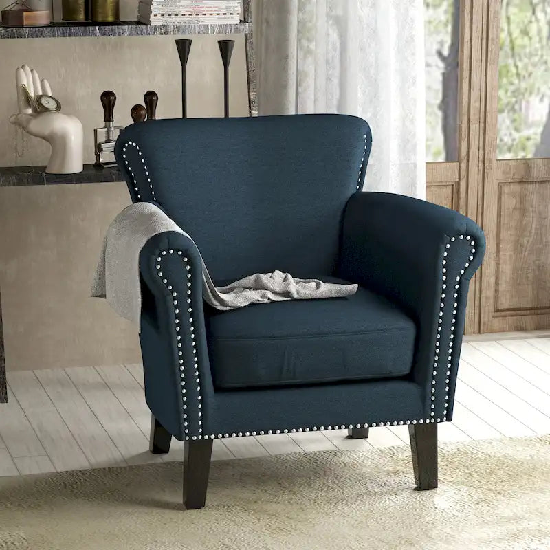 Poltrona a pozzetto imbottita blu navy 31 con borchie decorative