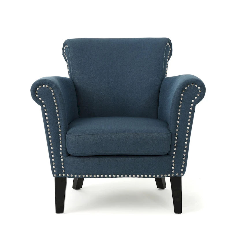 Poltrona a pozzetto imbottita blu navy 31 con borchie decorative