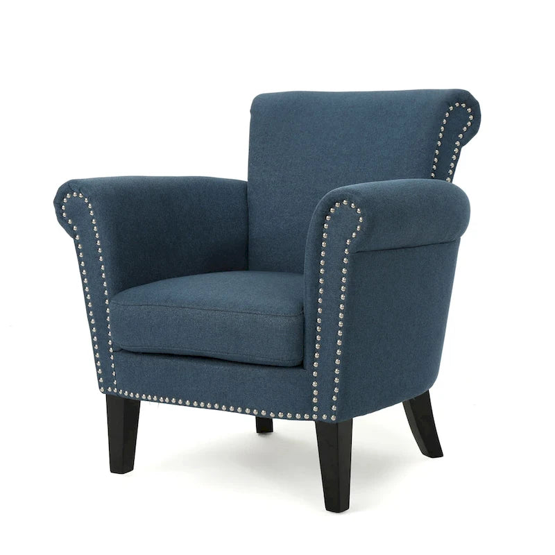 Poltrona a pozzetto imbottita blu navy 31 con borchie decorative