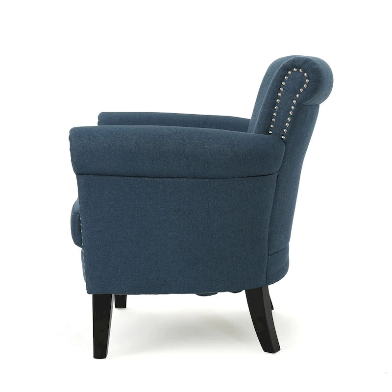 Poltrona a pozzetto imbottita blu navy 31 con borchie decorative