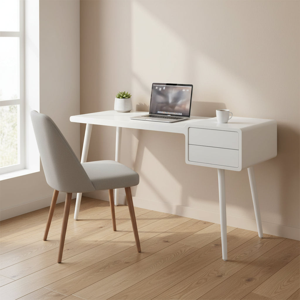 Natalia Scrivania Mid-Century Scandinava Bianca con Due Cassetti