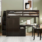 Letto a soppalco full size con scale, libreria, cassetti, scrivania e armadio