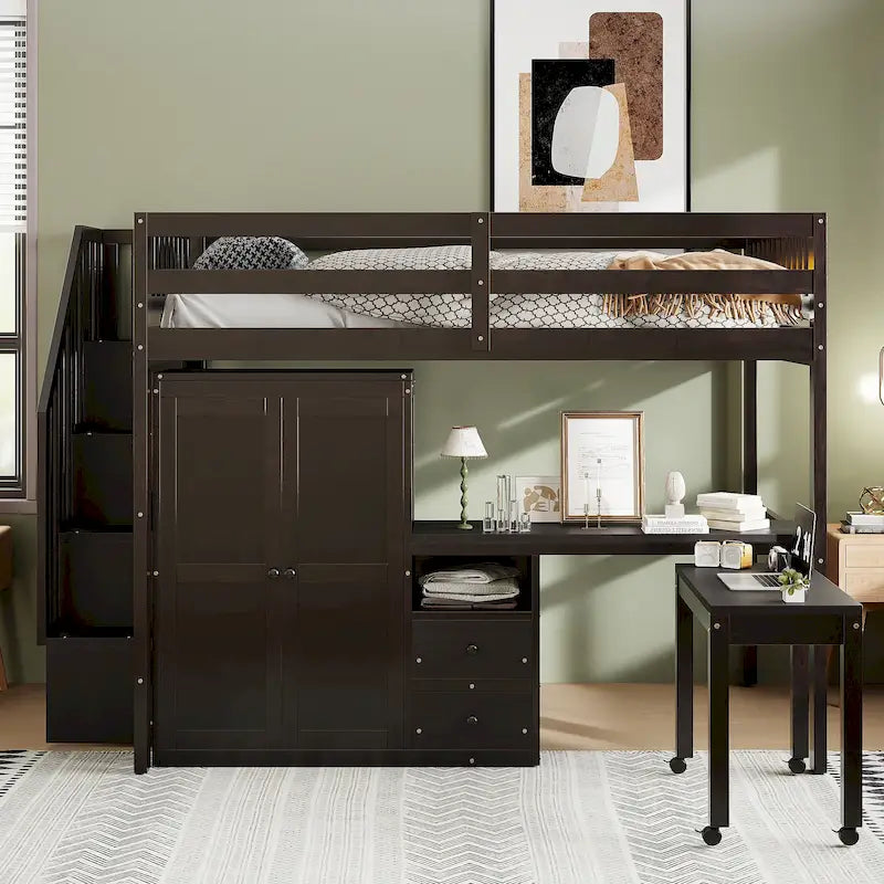 Letto a soppalco full size con scale, libreria, cassetti, scrivania e armadio