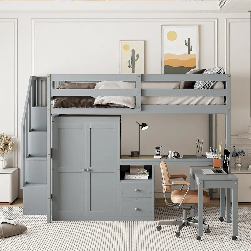 Letto a soppalco full size con scale, libreria, cassetti, scrivania e armadio
