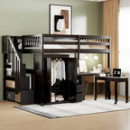 Letto a soppalco full size con scale, libreria, cassetti, scrivania e armadio