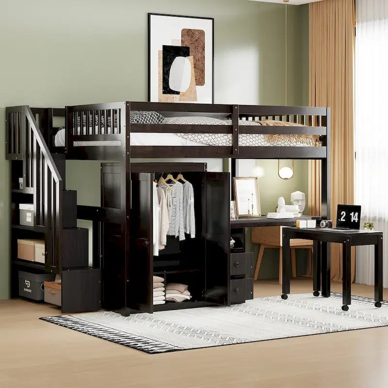 Letto a soppalco full size con scale, libreria, cassetti, scrivania e armadio