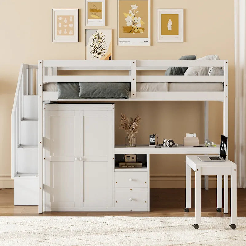 Letto a soppalco full size con scale, libreria, cassetti, scrivania e armadio