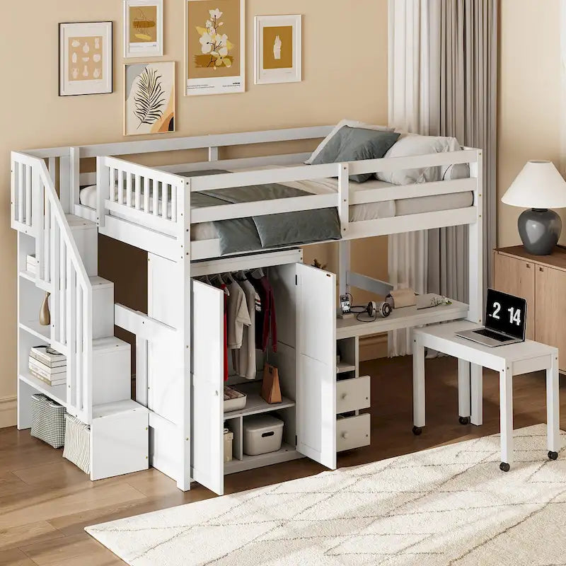 Letto a soppalco full size con scale, libreria, cassetti, scrivania e armadio