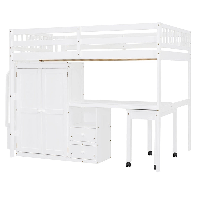 Letto a soppalco full size con scale, libreria, cassetti, scrivania e armadio