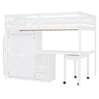 Letto a soppalco full size con scale, libreria, cassetti, scrivania e armadio