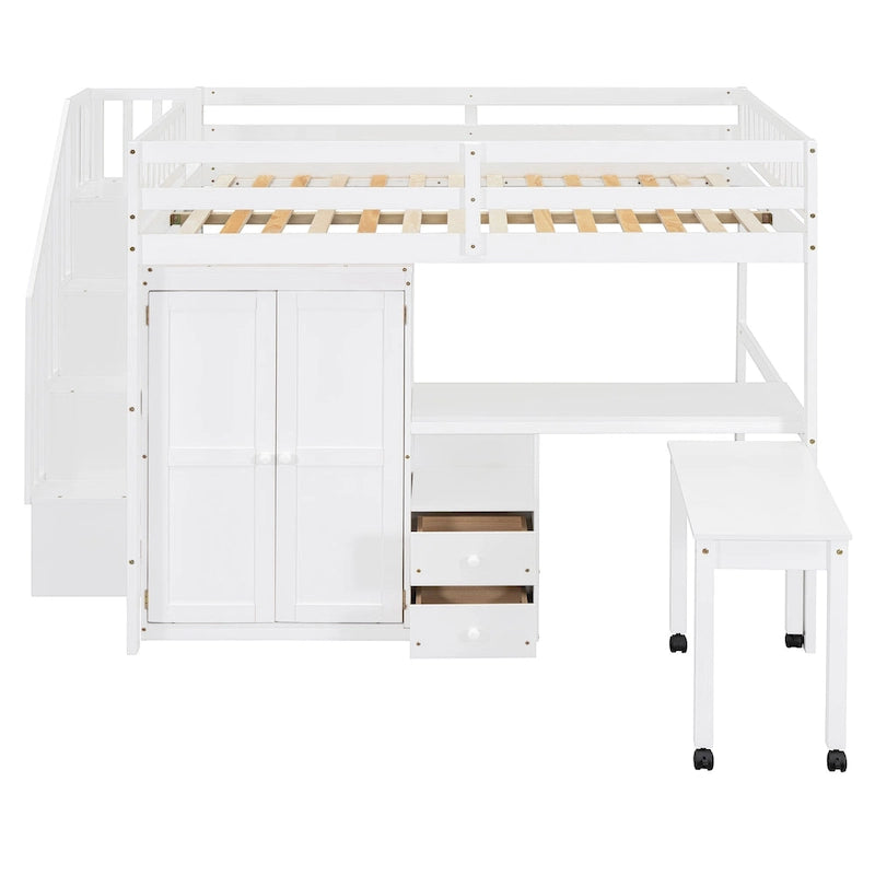 Letto a soppalco full size con scale, libreria, cassetti, scrivania e armadio