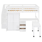 Letto a soppalco full size con scale, libreria, cassetti, scrivania e armadio