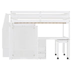 Letto a soppalco full size con scale, libreria, cassetti, scrivania e armadio