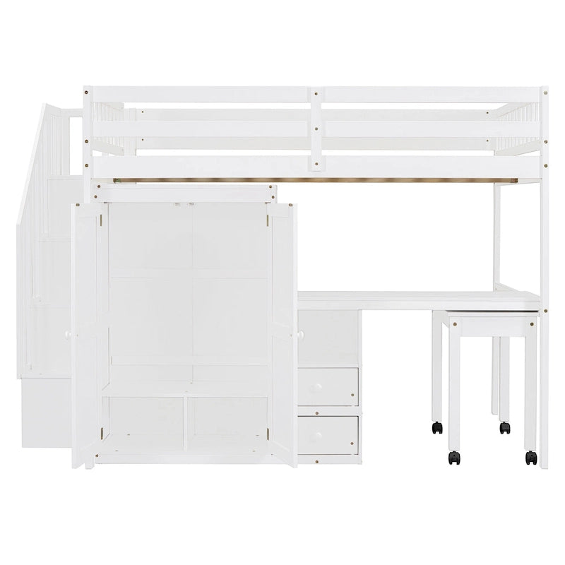 Letto a soppalco full size con scale, libreria, cassetti, scrivania e armadio