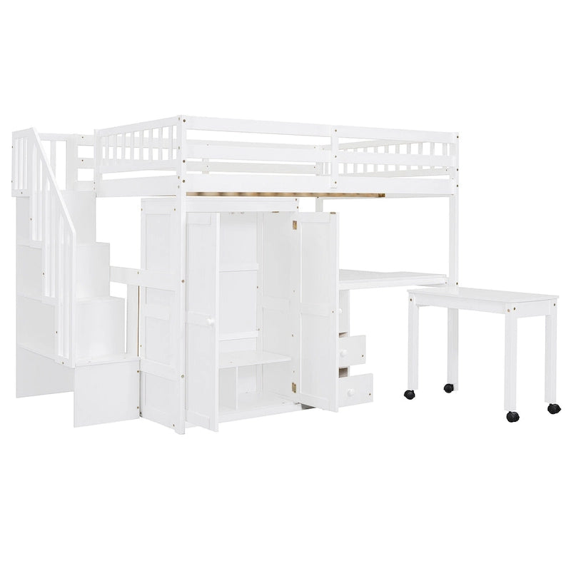 Letto a soppalco full size con scale, libreria, cassetti, scrivania e armadio