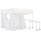 Letto a soppalco full size con scale, libreria, cassetti, scrivania e armadio