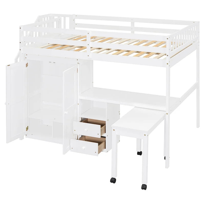 Letto a soppalco full size con scale, libreria, cassetti, scrivania e armadio
