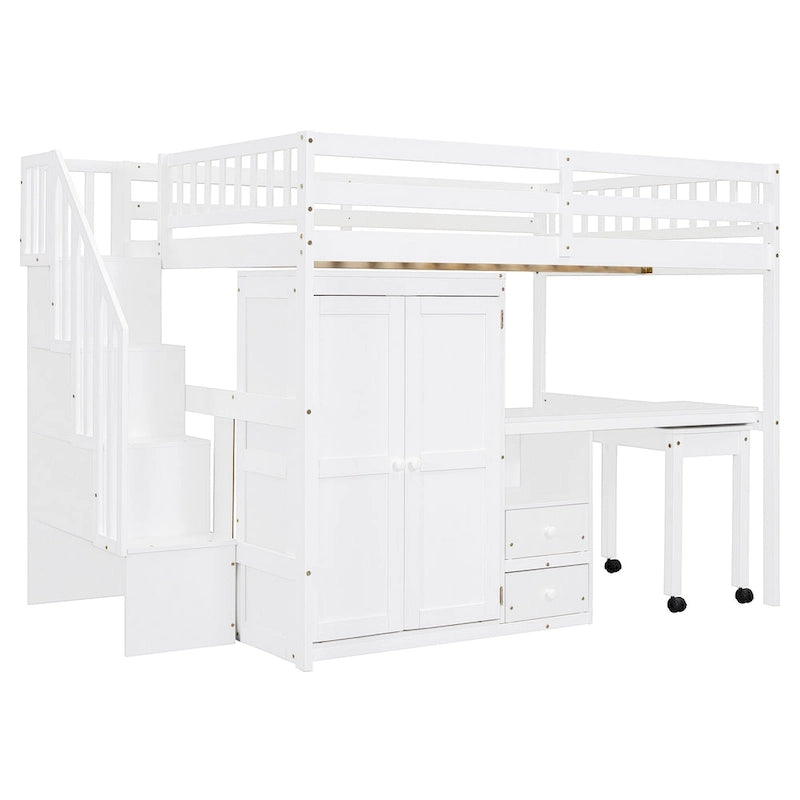 Letto a soppalco full size con scale, libreria, cassetti, scrivania e armadio