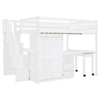 Letto a soppalco full size con scale, libreria, cassetti, scrivania e armadio