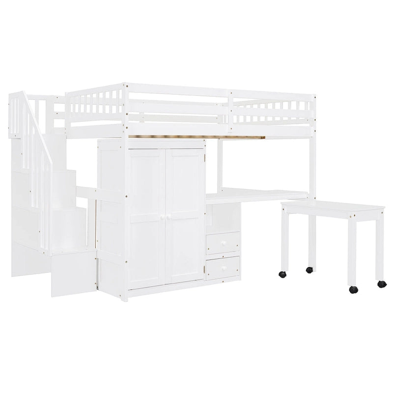 Letto a soppalco full size con scale, libreria, cassetti, scrivania e armadio
