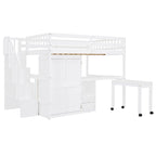 Letto a soppalco full size con scale, libreria, cassetti, scrivania e armadio