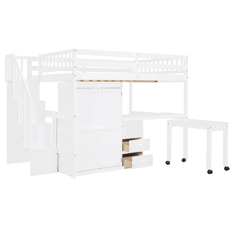 Letto a soppalco full size con scale, libreria, cassetti, scrivania e armadio