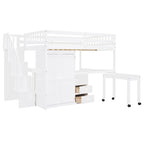 Letto a soppalco full size con scale, libreria, cassetti, scrivania e armadio
