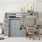 Letto a soppalco full size con scale, libreria, cassetti, scrivania e armadio