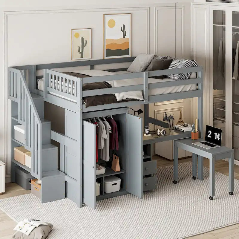 Letto a soppalco full size con scale, libreria, cassetti, scrivania e armadio