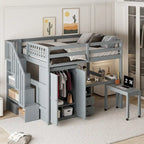 Letto a soppalco full size con scale, libreria, cassetti, scrivania e armadio