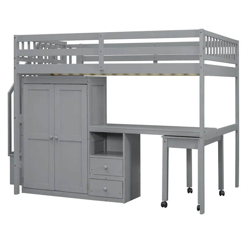 Letto a soppalco full size con scale, libreria, cassetti, scrivania e armadio