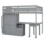 Letto a soppalco full size con scale, libreria, cassetti, scrivania e armadio