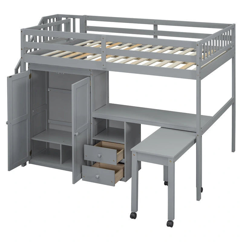 Letto a soppalco full size con scale, libreria, cassetti, scrivania e armadio