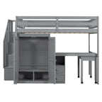 Letto a soppalco full size con scale, libreria, cassetti, scrivania e armadio