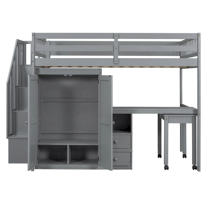 Letto a soppalco full size con scale, libreria, cassetti, scrivania e armadio