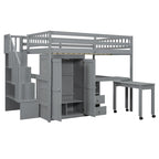 Letto a soppalco full size con scale, libreria, cassetti, scrivania e armadio