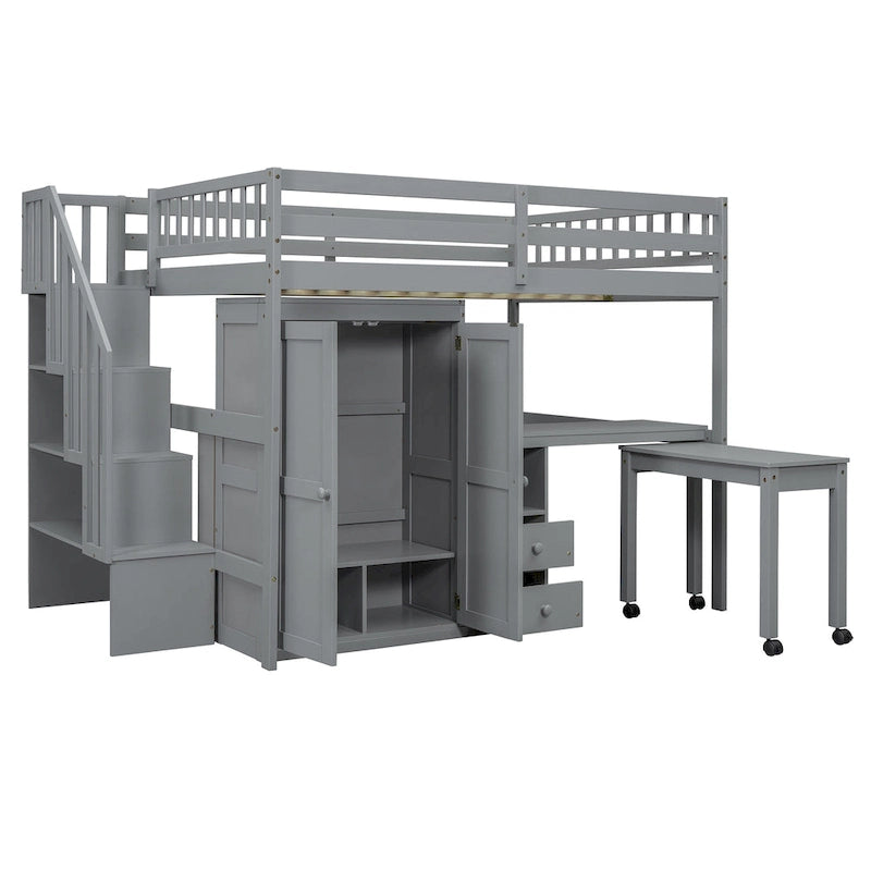 Letto a soppalco full size con scale, libreria, cassetti, scrivania e armadio