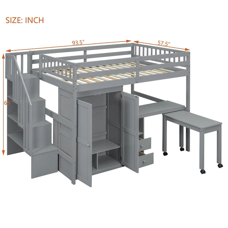 Letto a soppalco full size con scale, libreria, cassetti, scrivania e armadio