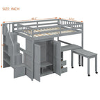 Letto a soppalco full size con scale, libreria, cassetti, scrivania e armadio