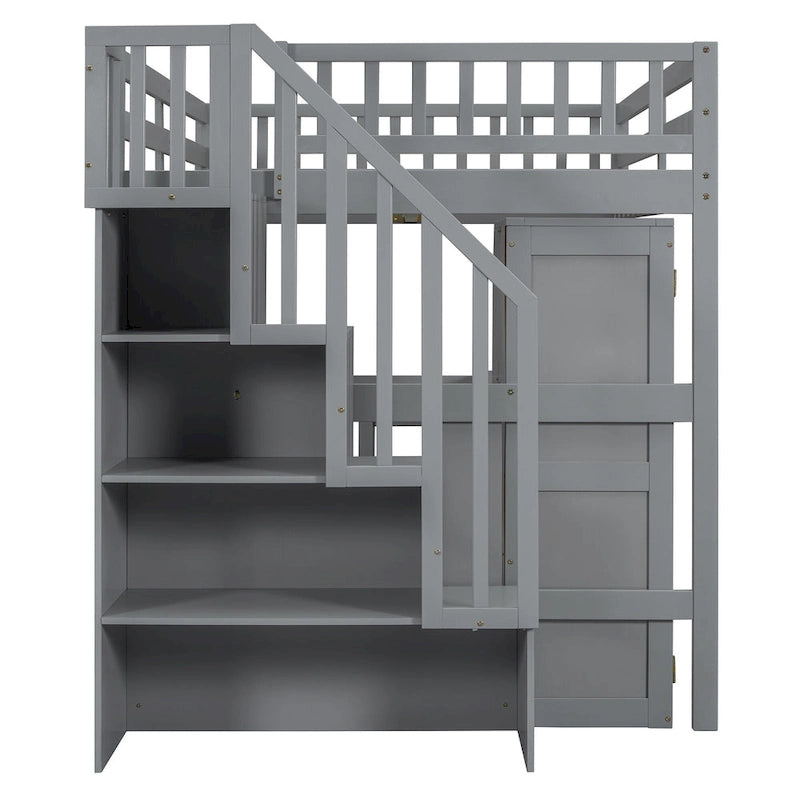 Letto a soppalco full size con scale, libreria, cassetti, scrivania e armadio