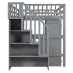 Letto a soppalco full size con scale, libreria, cassetti, scrivania e armadio