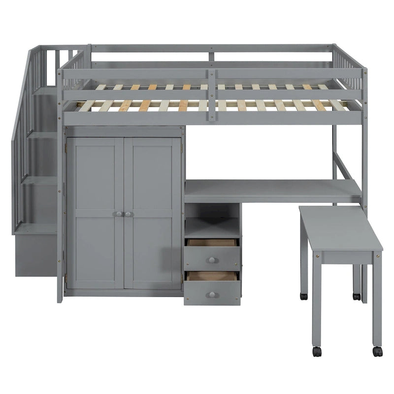 Letto a soppalco full size con scale, libreria, cassetti, scrivania e armadio