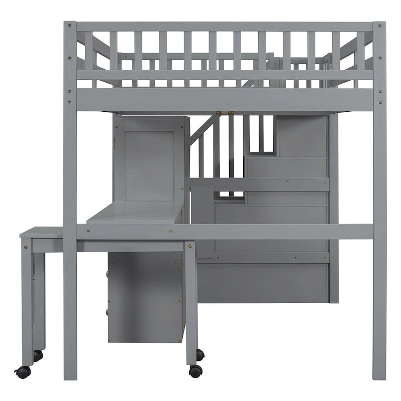 Letto a soppalco full size con scale, libreria, cassetti, scrivania e armadio