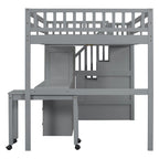 Letto a soppalco full size con scale, libreria, cassetti, scrivania e armadio