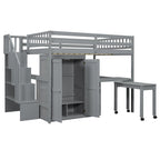 Letto a soppalco full size con scale, libreria, cassetti, scrivania e armadio