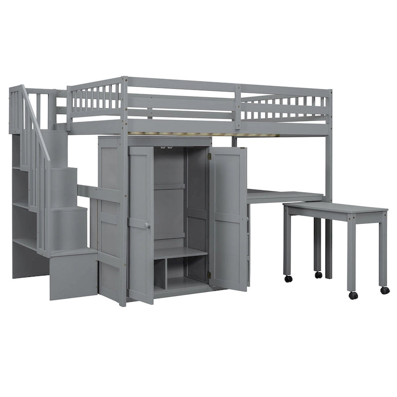 Letto a soppalco full size con scale, libreria, cassetti, scrivania e armadio