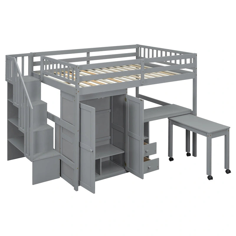 Letto a soppalco full size con scale, libreria, cassetti, scrivania e armadio