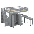 Letto a soppalco full size con scale, libreria, cassetti, scrivania e armadio