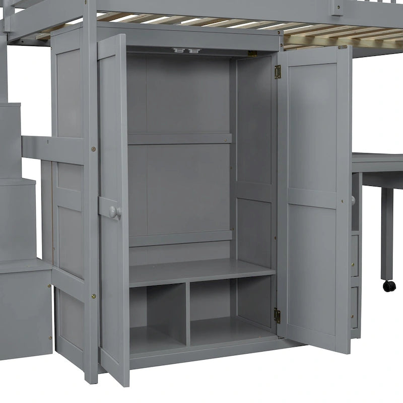 Letto a soppalco full size con scale, libreria, cassetti, scrivania e armadio