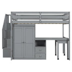 Letto a soppalco full size con scale, libreria, cassetti, scrivania e armadio